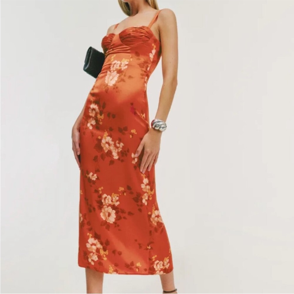 REFORMATION Stormi Satin Dress In Coral Bloom